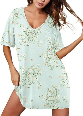 Ekouaer Nightgown for Women Bamboo Viscose Sleepshirt short sleeve Nightshirt V Neck T shirt Night gown Boyfriend Sleepwear in Saudi Arabia