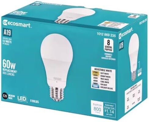 EcoSmart A19 60 وات مكافئ مع لمبة إضاءة LED قابلة لتعديل درجة حرارة اللون (8 عبوات) in Saudi Arabia