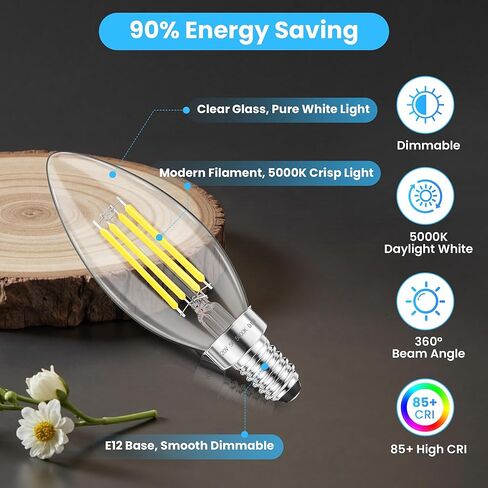 GGOYING E12 Candelabra LED Bulb 60W يعادل، 600LM مصابيح إضاءة ثريا قابلة للتعتيم، 5000K ضوء النهار الأبيض، 85+ CRI قاعدة شمعة لمبات خيوط شفافة، 4 عبوات in Kuwait