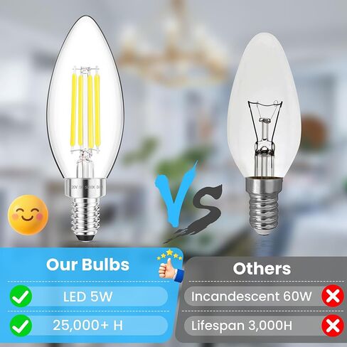 GGOYING E12 Candelabra LED Bulb 60W يعادل، 600LM مصابيح إضاءة ثريا قابلة للتعتيم، 5000K ضوء النهار الأبيض، 85+ CRI قاعدة شمعة لمبات خيوط شفافة، 4 عبوات in Kuwait