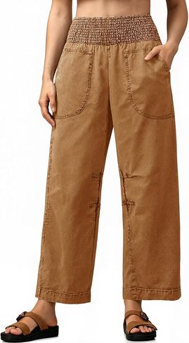 Cicy Bell Womens Smocked Barrel Jeans Casual Trendy High Waisted Baggy Pull On Denim Pants in Saudi Arabia