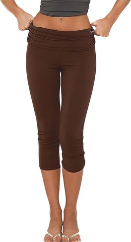 سروال كابري نسائي قابل للطي بخصر منخفض وطول الركبة ومطاط وضيق ومباع اللون، سروال يوجا in Kuwait