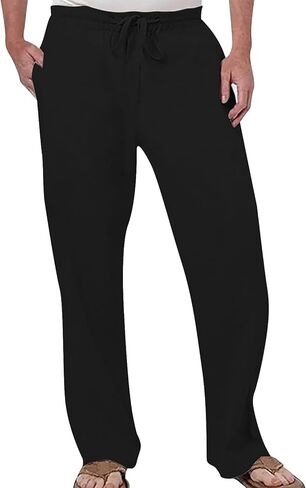 Men's Linen Pants Casual Lightweight Straight Wide Leg Baggy Pants Drawstring Elastic Waist Summer Beach Lounge Trousers in Saudi Arabia