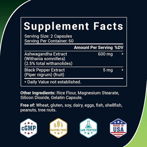 مستخلص Ashwagandha ، كبسولات قوة إضافية مع مستخلص الفلفل الأسود ، صيغة مستخلص الجذر الممتاز - مصنوعة في الولايات المتحدة الأمريكية (600 ملغ ، 120 كبسولة) in Kuwait