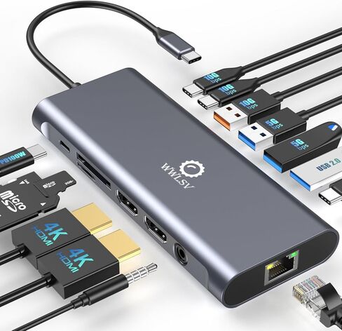محطة إرساء USB C لأجهزة الكمبيوتر المحمول، محول شاشات عرض ثلاثية 10 في 1 4K Dual HDMI، 1080P VGA، 3 USB3.0/2.0، TF/SD 2.0، صوت 3.5 مم، 100 وات PD، متوافق مع MacBook وHP وDell وLenovo سطح in Kuwait
