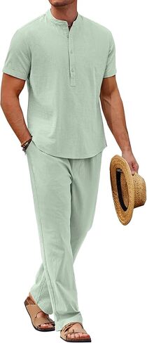 COOFANDY Mens 2 Pieces Cotton Linen Sets Short Sleeve Casual Henley Shirt Summer Beach Pants Lounge Vacation Outfits Set in Saudi Arabia