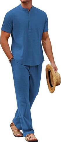 COOFANDY MENS 2 قطعة من الكتان القطني مجموعات قصيرة الأكمام غير الرسمية Henley Shirt Summer Beach Pants Lounge Outfits in Kuwait