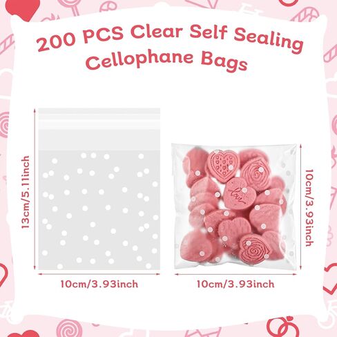 200 Pcs 4x5.5in Self Sealing Cellophane Bags, Clear Resealable Treat Bags for Gift Packaging Goodie Candy Cookie Popcorn for Wedding Valentines Easter Christmas Birthday Party Favor in Saudi Arabia