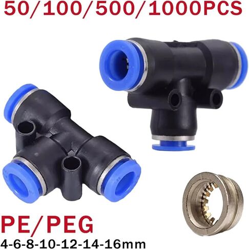 PE PEG هوائي موصل الهواء تركيب سريع المحملة المخفض 3 طريقة T على شكل خرطوم الأنابيب البلاستيكية 4/6/8/10/12 مللي متر 50 قطعة (PE-16) in Kuwait