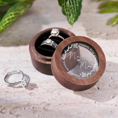 Wedding Ring Box Personalized, Mr. &Mrs. Double Ring Boxes for Ceremony, Engagement, Wooden Mini Round Ring Holder Elegant and Retro Ring Holder Box/Organizer in Saudi Arabia