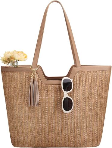 VASCHY Straw Beach Tote Bag for Women, Cute Trendy Woven Crochet Raffia Summer Shoulder Handbags Purses for Travel Vacation in Saudi Arabia