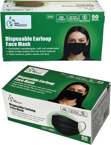 Med360 Pharma 3 Ply Disposable Face Mask, Black, 100 PCS Breathable Non Woven Layers Soft Earloop, Comfortable Fit for Adults Daily Use Face Cover in Saudi Arabia