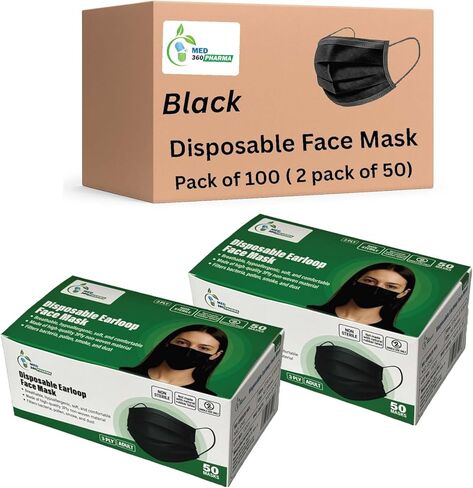 Med360 Pharma 3 Ply Disposable Face Mask, Black, 100 PCS Breathable Non Woven Layers Soft Earloop, Comfortable Fit for Adults Daily Use Face Cover in Saudi Arabia