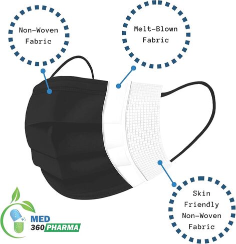 Med360 Pharma 3 Ply Disposable Face Mask, Black, 100 PCS Breathable Non Woven Layers Soft Earloop, Comfortable Fit for Adults Daily Use Face Cover in Saudi Arabia