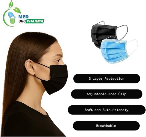 Med360 Pharma 3 Ply Disposable Face Mask, Black, 100 PCS Breathable Non Woven Layers Soft Earloop, Comfortable Fit for Adults Daily Use Face Cover in Saudi Arabia