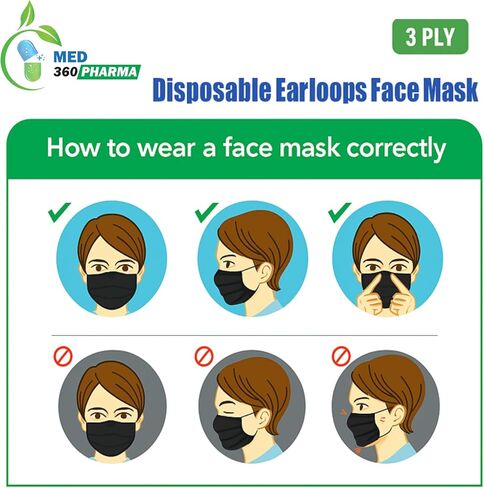 Med360 Pharma 3 Ply Disposable Face Mask, Black, 100 PCS Breathable Non Woven Layers Soft Earloop, Comfortable Fit for Adults Daily Use Face Cover in Saudi Arabia