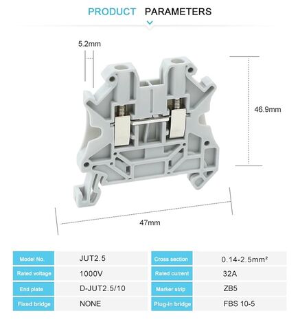 UT2.5 Din Rail Terminal Block 0.14-2.5mm² Hexagon Socket Screw Installation 26-12AWG 10Pcs(UT2.5-Blue) in Saudi Arabia