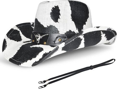 Straw Cowboy Hat Western with Bracelet Decorative Bands and Scarves, Hat Size Fits 22.04 to 22.83, Wide Brim, Stylish & Durable Cowboy Hat - Unisex Western Hat for All Occasions in Kuwait