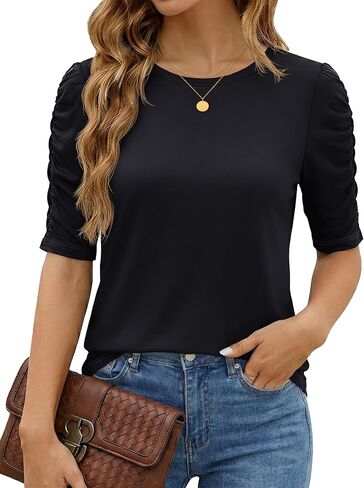 YUCOLEN Women's Crewneck T-Shirt Ruffle Half Sleeve Tops 2025 Casual Curved Hem Blouse Tee Shirts in Saudi Arabia