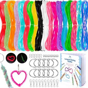 PP OPOUNT Plastic Lanyard String Kit, 15 Gimp String with 40 Keychain Accessories and Detailed Instructions, Boondoggle String for DIY Bracelets, Keychains and Lanyard(Solid/Glitter/Laser Color) in Kuwait