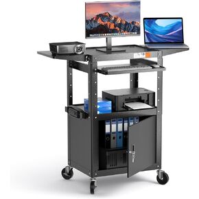 Steel AV Cart on Wheels - Rolling Projector Cart with Height Adjustable Shelf, Pullout Keyboard Tray, Power Strip, Cord Management - Mobile Media Carts Computer Workstation for Office Classroom in Saudi Arabia