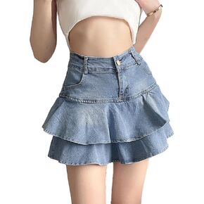 YMSHOPE Denim Mini Skirt A-Shaped Cake Bustier Skirt with Safety Trousers Lined high-Waisted Ruffled Edge Hip Short Skirt in Kuwait