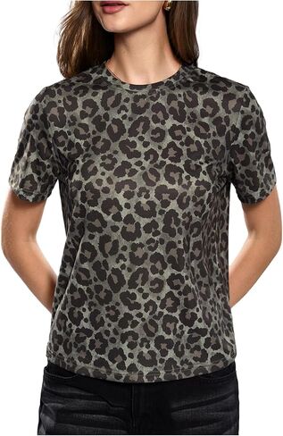 Women's Cheetah Print Top Round Neck Leopard Print Tops Short Sleeve Loose Y2k Summer T Shirt in Kuwait