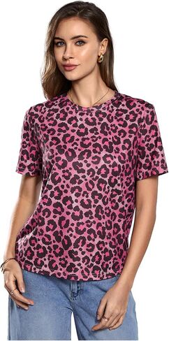 Women's Cheetah Print Top Round Neck Leopard Print Tops Short Sleeve Loose Y2k Summer T Shirt in Kuwait