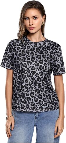 Women's Cheetah Print Top Round Neck Leopard Print Tops Short Sleeve Loose Y2k Summer T Shirt in Kuwait