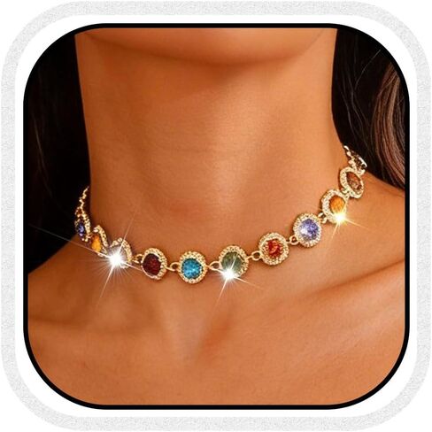CLOACE Colorful Crystal Choker Necklace Sparkly Rhinestone Chokers Necklaces Chain Party Prom Neck Jewelry for Women in Kuwait
