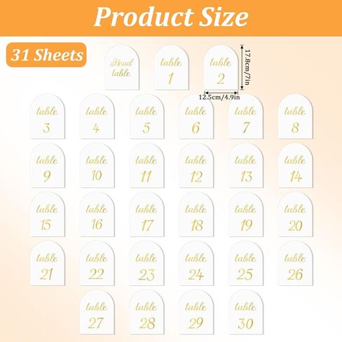 Arch Table Numbers 1-30 Plus Head Table, 5.9x3.9 Inch White Card Stock, Double-Sided Gold Foil Embossed, Elegant Wedding Reception Centerpiece Decoration Event Party in Saudi Arabia