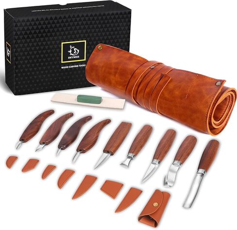 Deluxe Wood Carving Kit - 21Pcs Wood Carving Tools with Leather Storage Bag,Wood Carving Tools Set with 8Pcs Whittling Knives, 8Pcs Detail Carving Knives,Wood Whittling Kit for Beginners in Kuwait