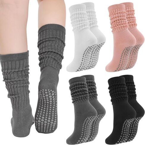 Jspupifip 4 Pairs Pilates Socks with Grips for Women, Long Slouch Non Slip Yoga Scrunch Socks for Barre Hospital Workout in Saudi Arabia