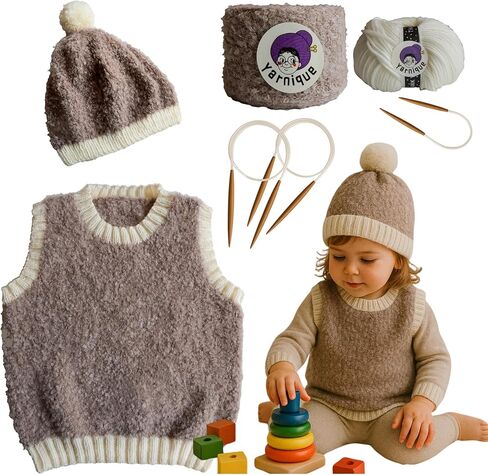 Preschooler Knitting Kit for Boys Vest & Hat (Ages 0–8) – Italian Boucle Yarn, Alpaca & Merino Wool Yarn, 3 Sets Bamboo Knitting Needles, Video Guide – Handmade Gifts for Baby Showers, Birthdays in Saudi Arabia