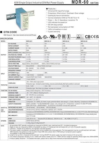 MDR-60-24 تيار مستمر 24 فولت 2.5 أمبير 60 وات مصدر طاقة للسكك الحديدية الصناعية in Kuwait