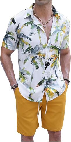 GORGLITTER Men's Summer Vacation Outfits Hawaiian Beach Floral Button Down Short Sleeve Shirt and Shorts Set in Kuwait