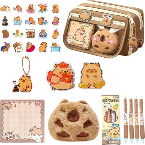 Kawaii Capybara Makeup Bag Kit, Plush Doll+20 Stickers+2 Brooches+Sticky Notes+Pendant, 9-Layer Large-Capacity Pencil Case (Brown) in Kuwait