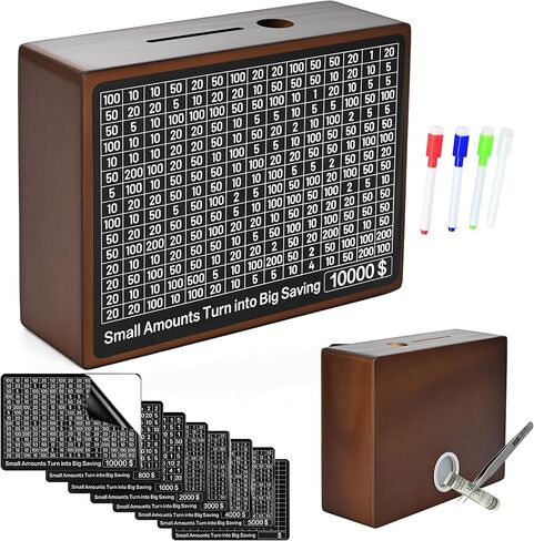 10000 Savings Challenge Box, Wooden Money Saving Piggy Bank for Adults Kids, Reusable, Targets 10k in Saudi Arabia