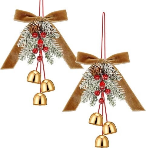 2 PCS أقواس إكليل عيد الميلاد مع أجراس Jingle و Pinecone معلقة شجرة عيد الميلاد Topper عيد الميلاد القوس القوس مع القلادة الجرس الزخرفة الزخرفة لحزب الخزانة المطبخ الديكور الحفلات in Saudi Arabia