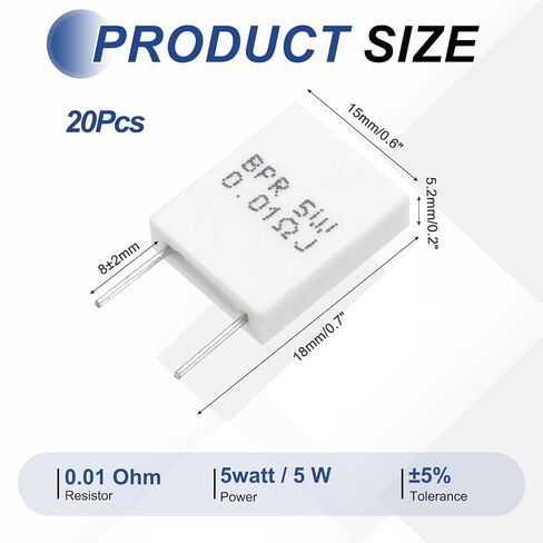 MECCANIXITY 20Pcs Ceramic Resistors 5W 0.01 Ohm 5% Tolerance Wirewound Non-Inductive Cement Power Resistor, Lead Wire Fixed Flame Heat Moisture for Circuit Board TV Power Adapters, White in Saudi Arabia