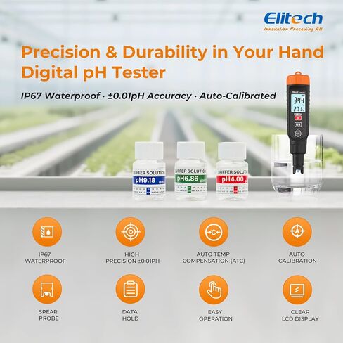 جهاز قياس درجة الحموضة الاحترافي من Elitech - اختبار رقمي لدرجة الحموضة ودرجة الحرارة في الزراعة المائية، حلول النمو مع مجموعة معايرة كاملة لصحة النبات، PHM-230 in Saudi Arabia