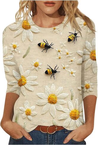 Bee Shirt Womens Tops Festival Outfits for Bee Lover Cute Scoop Neck Graphic Tees Comfy 3/4 Sleeve T Shirts Tunic Top in Saudi Arabia