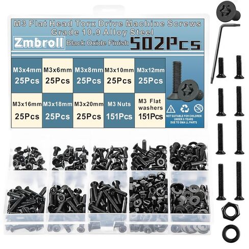 Zmbroll M3 مسامير آلة توركس برأس غاطس مسطح 502 قطعة من الدرجة السوداء 10.9 سبائك فولاذية M3x4/6/8/10/12/16/18/20 مم ستار درايف، براغي لولبية كاملة، غسالات صواميل مع مفتاح ربط in Saudi Arabia