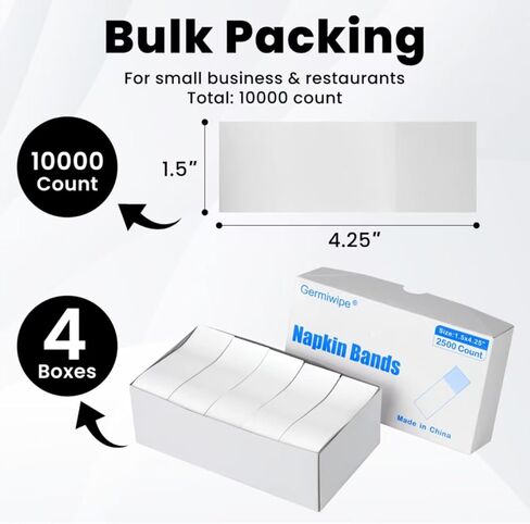 Germiwipe Pack of 10,000 White Paper Napkin Bands Self Adhesive, 1.5x4.25 Inch Silverware Wraps Band Paper Napkin Rings for Restaurant, Party, Wedding, (4 Boxes x 2,500) in Saudi Arabia