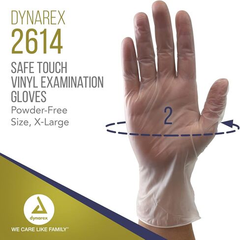 قفازات اختبار الفينيل ذات الملمس الآمن من Dynarex، خالية من المساحيق، سلامة الأغذية والامتثال لها، يمكن استخدامها بكلتا اليدين، شفافة، كبيرة جدًا، صندوق واحد مكون من 100 قفازات اختبار in Saudi Arabia