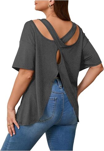 نساء زائد الحجم المقطوع من Criss Cross Back Tee Short Sleeve Crew Neck Tops الرياضية الرياضية in Saudi Arabia
