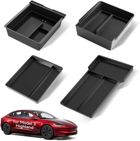 2025 Upgrade Center Console Organizer Tray for Tesla Model 3 Highland Accessories 2024 2025, Divided Storage Double Layer Space Slide smoothly - 4 PCS, Black in Saudi Arabia