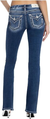 Miss Me Me Me Women Tri-Color Metallic Saddle Stitch Faux Flap Pockets Middle Bootcut Jeans in Saudi Arabia
