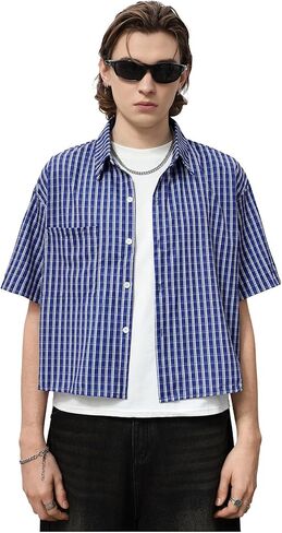 Men's Plaid Shirts Gingham Short Sleeve Button Down Crop Tee Tops in Saudi Arabia