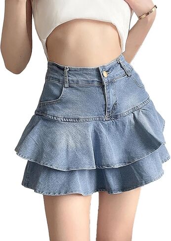 YMSHOPE Denim Mini Skirt A-Shaped Cake Bustier Skirt with Safety Trousers Lined high-Waisted Ruffled Edge Hip Short Skirt in Kuwait